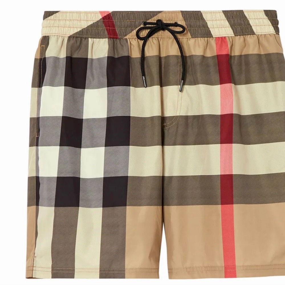 Burberry Tan and Red Check Swim Trunks